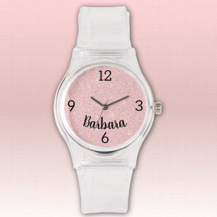 Name, Girly Pink Glitter Silicone Buckle Strap Watch