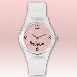 Name, Girly Pink Glitter Silicone Buckle Strap Watch