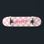 Name Girly Pink White Checker Pattern Skateboard<br><div class="desc">Your daughter will love this girly skateboard by JessicaAmber! Features a pastel pink and white wavy checkerboard pattern. The text in the middle is in a pink retro font with a drop shadow. Edit it to add the recipient's name (short names work best). You can also change the color of...</div>