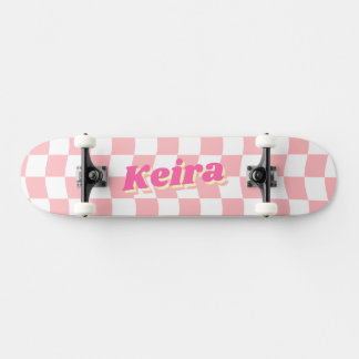 Name Girly Pink White Checker Pattern Skateboard