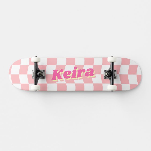 Name Girly Pink White Checker Pattern Skateboard (Horz)