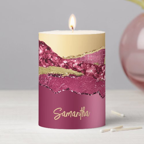 Name glitter marble tear shimmer burgundy pillar candle