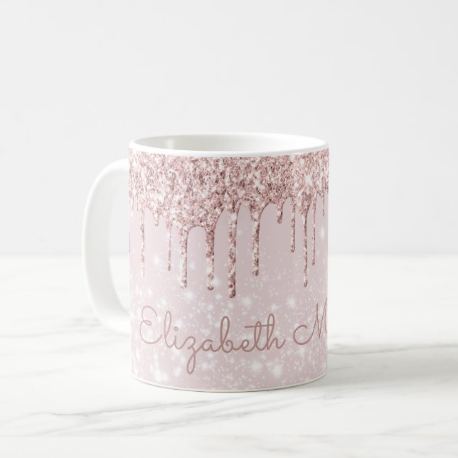 Name Glitter Pink Rose Gold Drip Pretty Coffee Mug (Front Left)