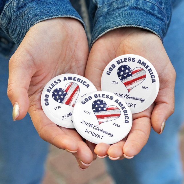 Name, God Bless America Heart Flag 2.25-in Round Button (Creator Uploaded)