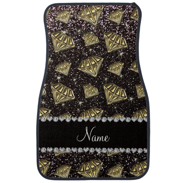Name gold diamond black glitter car mat (Front)