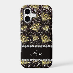 Name gold diamond black glitter iPhone 17 case
