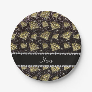 Name gold diamond black glitter paper plates