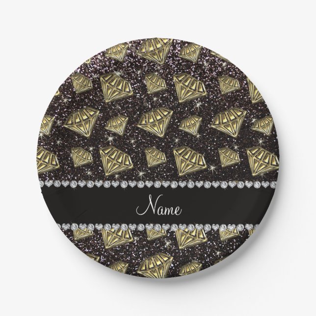 Name gold diamond black glitter paper plates (Front)