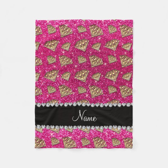 Name gold diamond neon hot pink glitter fleece blanket (Front)