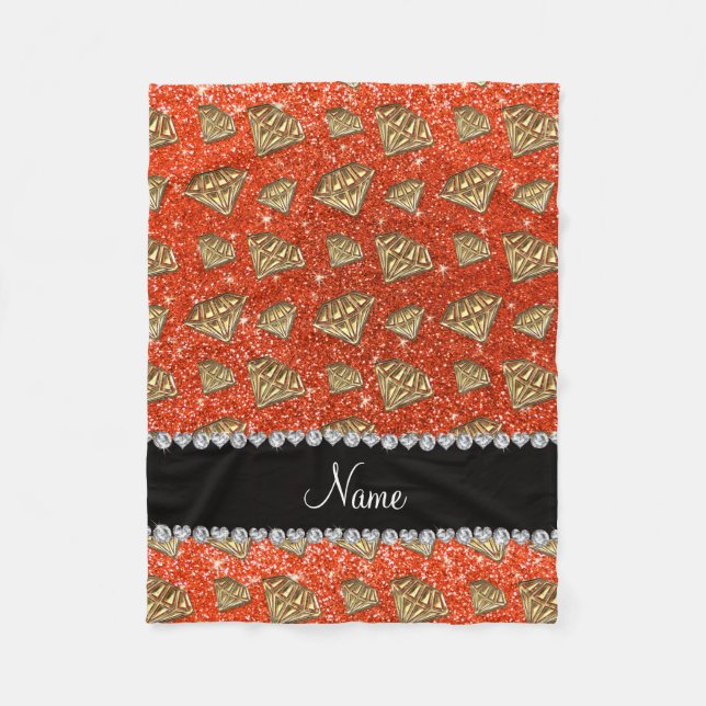 Name gold diamond neon orange glitter fleece blanket (Front)