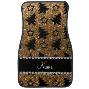 Name gold glitter christmas trees stars car mat
