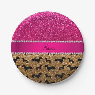Name gold glitter dachshunds pink glitter paper plates