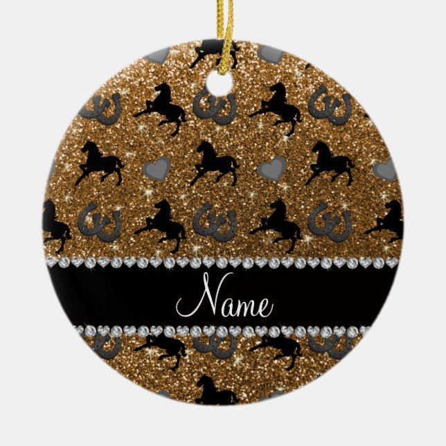 Name gold glitter horses hearts horseshoe ceramic ornament (Front)