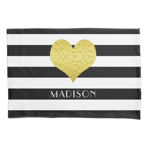 Name Gold Heart Black White Stripes Pattern Pillow Case