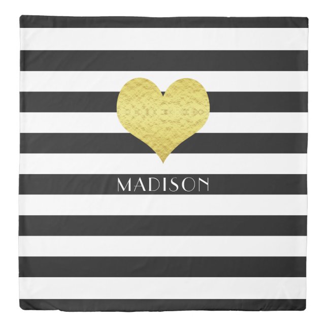 Name Gold Heart Black White Stripes Pattern Print Duvet Cover (Front)