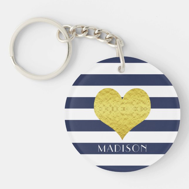 Name Gold Heart Blue White Stripes Pattern Keychain (Front)