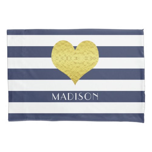 Name Gold Heart Blue White Stripes Pattern Pillow Case