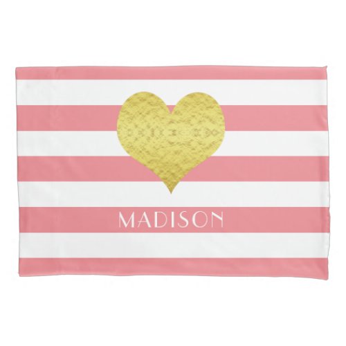 Name Gold Heart Pink White Stripes Pattern Pillow Case