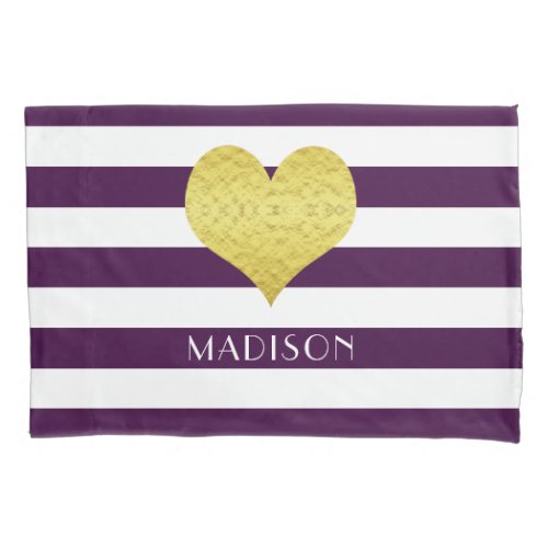 Name Gold Heart Purple White Stripes Pattern Pillow Case