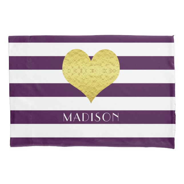 Name Gold Heart Purple White Stripes Pattern Pillow Case (Front-Left)