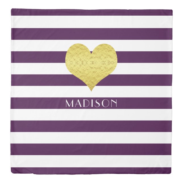 Name Gold Heart Purple White Stripes Pattern Print Duvet Cover (Front)