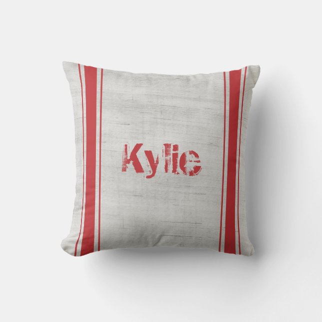 Name Grain Sack Red Vertical Stripes Throw Pillow (Front)