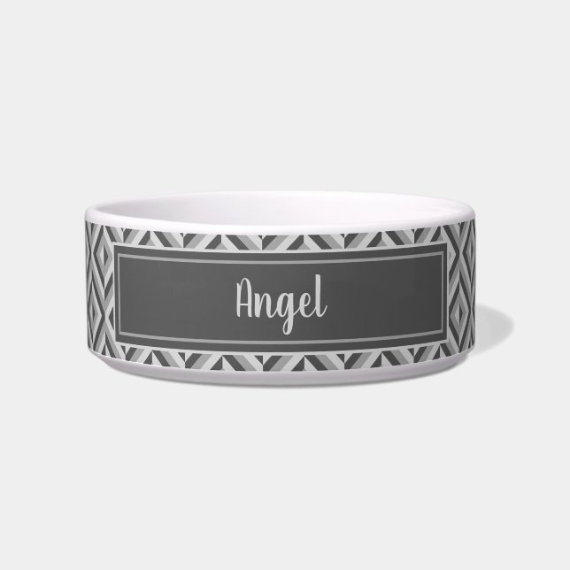 Name Gray Three-Tone Diamond Pattern Pet Bowl (Front)