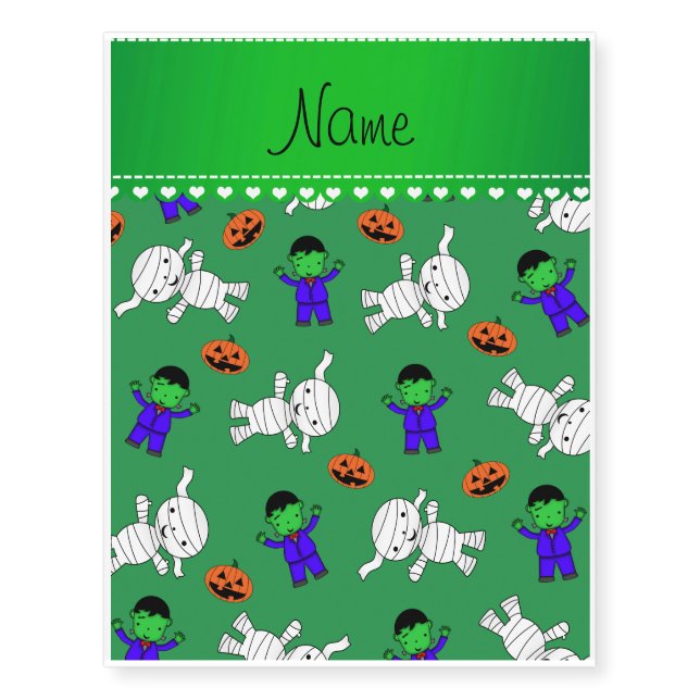 Name green frankenstein mummy pumpkins temporary tattoos (Front)