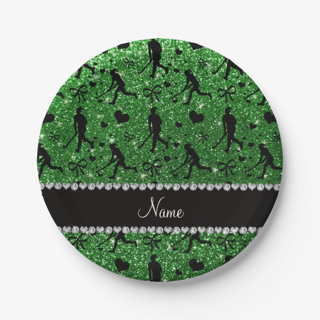 Name green glitter field hockey hearts bow paper plates (Front)
