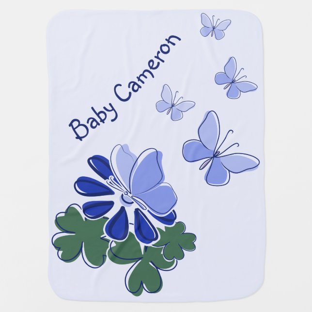 Name Green Purple Blue Doodle Blooms Butterflies  Baby Blanket (Front)