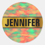 [ Thumbnail: Name + Green, Red Watercolor-Like Abstract Pattern Round Sticker ]