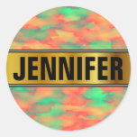 [ Thumbnail: Name + Green, Red Watercolor-Like Abstract Pattern Round Sticker ]