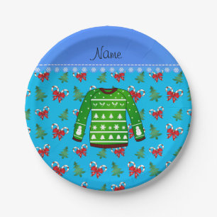Name green ugly christmas sweater blue candy canes paper plates