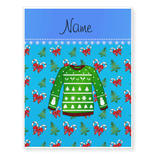Name green ugly christmas sweater blue candy canes temporary tattoos