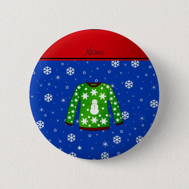Name green ugly christmas sweater blue snowflakes button (Front)
