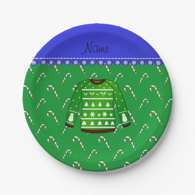 Name green ugly christmas sweater candy canes paper plates (Front)