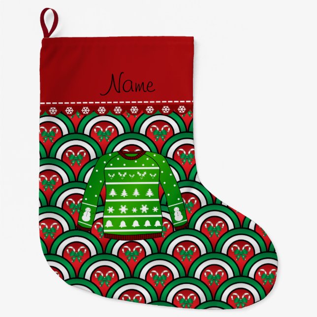 Name green ugly christmas sweater half circles large christmas stocking (Front)
