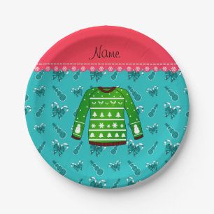 Name green ugly christmas sweater turquoise canes paper plates