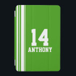 Name green & white sport name number ipad cover<br><div class="desc">Orange and white sports style ipad case cover. In a sports shirt style Customize with the name and special age, year or lucky number of your choice. Case currently reads: Anthony 14. *Please note some names will not always fit due to the nature of the font. A perfect gift for...</div>