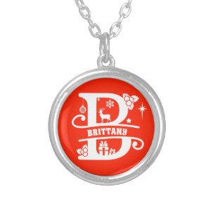 Name / Greeting Monogram Initial B Christmas Red Silver Plated Necklace