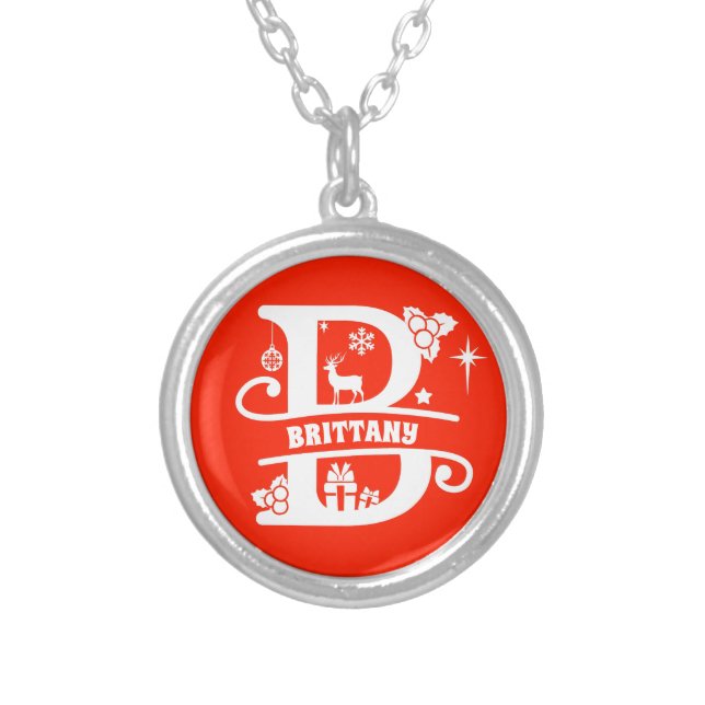 Name / Greeting Monogram Initial B Christmas Red Silver Plated Necklace (Front)