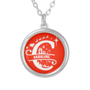 Name / Greeting Monogram Initial C Christmas Red Silver Plated Necklace
