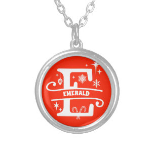 Name / Greeting Monogram Initial E Christmas Red Silver Plated Necklace