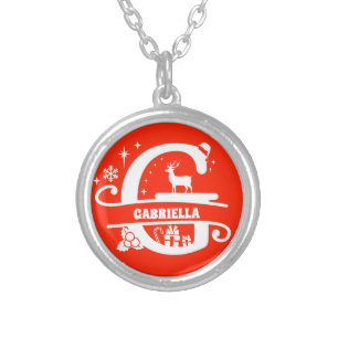 Name / Greeting Monogram Initial G Christmas Red Silver Plated Necklace