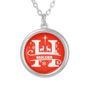 Name / Greeting Monogram Initial H Christmas Red Silver Plated Necklace