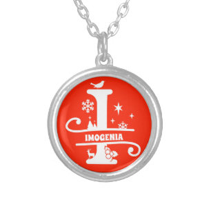 Name / Greeting Monogram Initial I Christmas Red Silver Plated Necklace