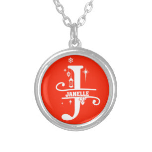 Name / Greeting Monogram Initial J Christmas Red Silver Plated Necklace