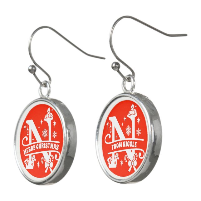 Name / Greeting Monogram Initial N Christmas Red  Earrings (Angled)