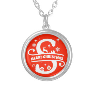 Name / Greeting Monogram Initial S Christmas Red Silver Plated Necklace