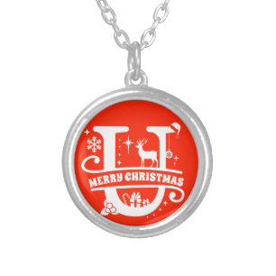 Name / Greeting Monogram Initial U Christmas Red Silver Plated Necklace